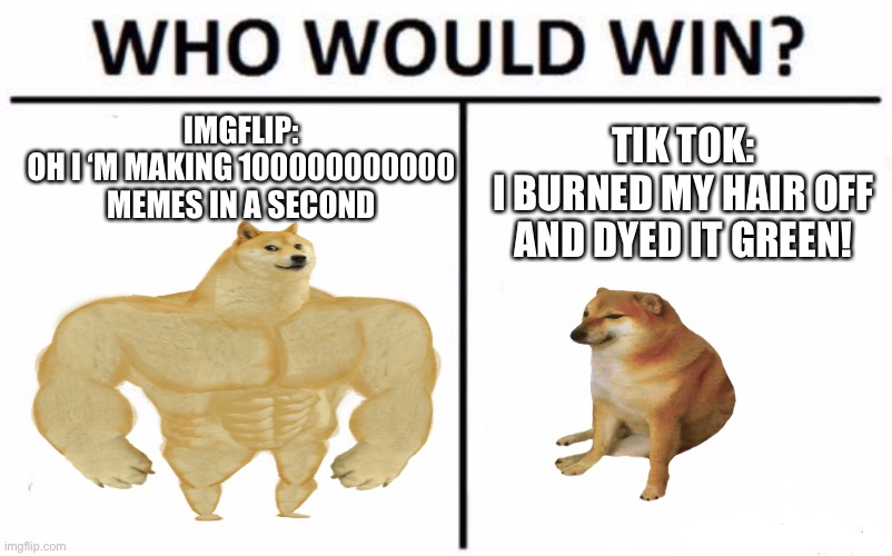 Imgflip | IMGFLIP:
OH I ‘M MAKING 100000000000 MEMES IN A SECOND; TIK TOK:
I BURNED MY HAIR OFF AND DYED IT GREEN! | image tagged in memes,who would win | made w/ Imgflip meme maker