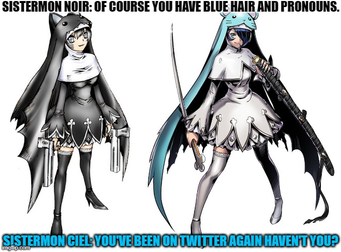 SISTERMON NOIR: OF COURSE YOU HAVE BLUE HAIR AND PRONOUNS. SISTERMON CIEL: YOU'VE BEEN ON TWITTER AGAIN HAVEN'T YOU? | image tagged in sistermon noir,sistermon ciel,digimon,bandai namco,anime,video games | made w/ Imgflip meme maker