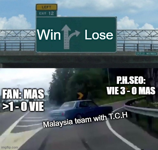 Champion league RO16 | Win; Lose; P.H.SEO: VIE 3 - 0 MAS; FAN: MAS >1 - 0 VIE; Malaysia team with T.C.H | image tagged in memes,left exit 12 off ramp | made w/ Imgflip meme maker