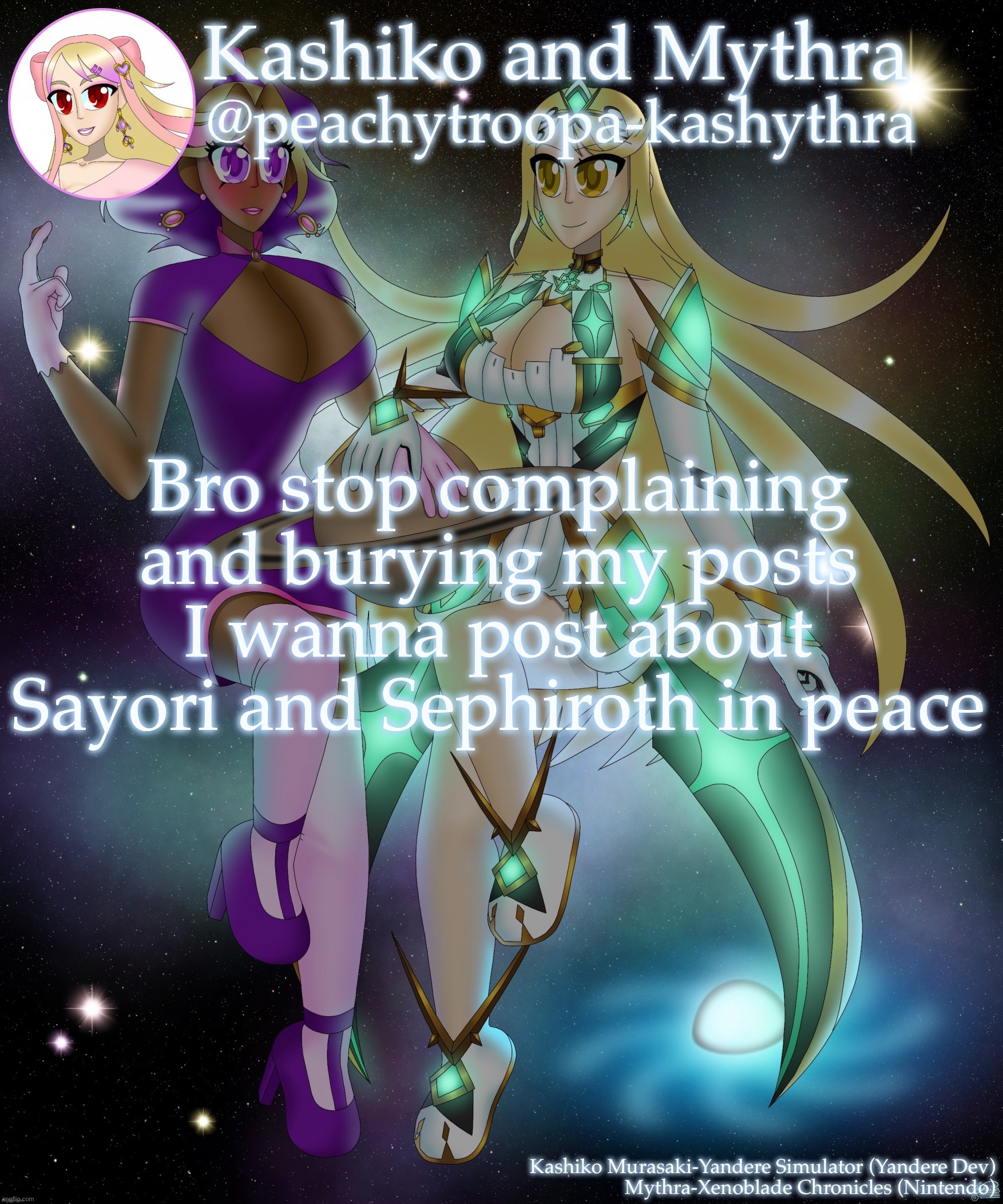 /hj | Bro stop complaining and burying my posts I wanna post about Sayori and Sephiroth in peace | image tagged in kashiko murasaki and mythra | made w/ Imgflip meme maker