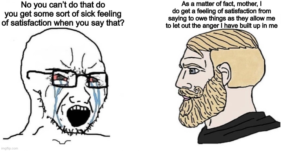 crying wojak vs chad | No you can’t do that do you get some sort of sick feeling of satisfaction when you say that? As a matter of fact, mother, I do get a feeling of satisfaction from saying to owe things as they allow me to let out the anger I have built up in me | image tagged in crying wojak vs chad | made w/ Imgflip meme maker