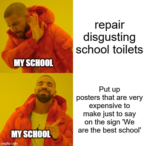 True Facts Of My Strange Life again | repair disgusting school toilets; MY SCHOOL; Put up posters that are very expensive to make just to say on the sign 'We are the best school'; MY SCHOOL | image tagged in memes,drake hotline bling | made w/ Imgflip meme maker