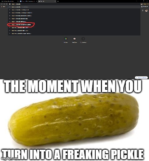 Help i accidentally turned into a pickle |  THE MOMENT WHEN YOU; TURN INTO A FREAKING PICKLE | image tagged in pickle | made w/ Imgflip meme maker
