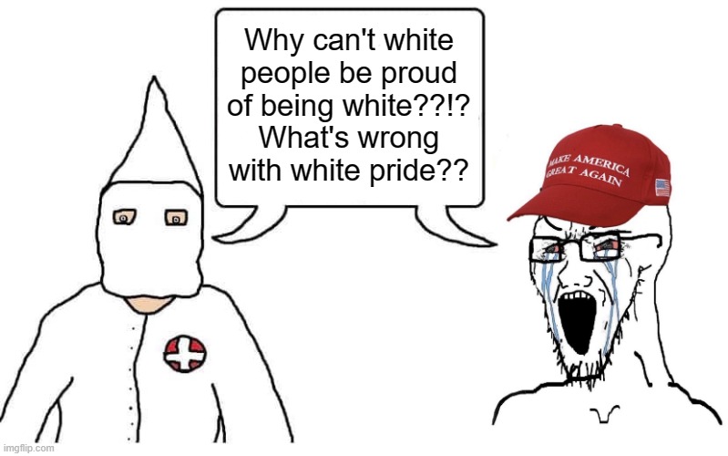 Right-wingers constantly flirt with white nationalism. | Why can't white
people be proud
of being white??!?
What's wrong with white pride?? | image tagged in kkk maga,kkk,white nationalism,neo-nazis,trump supporters,conservative logic | made w/ Imgflip meme maker