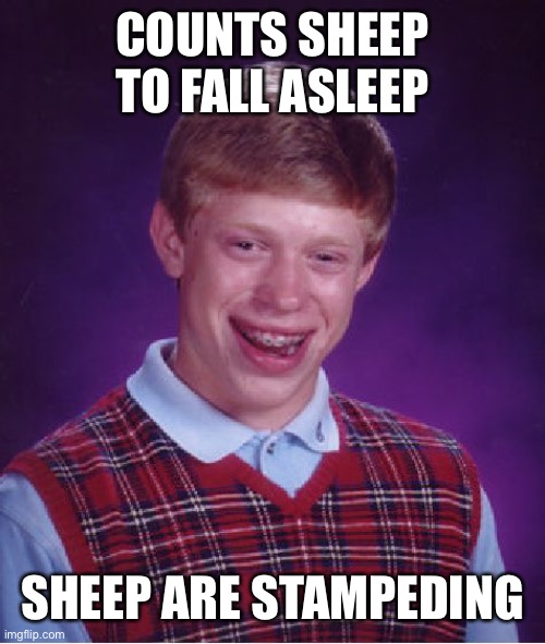 Bad Luck Brian | COUNTS SHEEP TO FALL ASLEEP; SHEEP ARE STAMPEDING | image tagged in memes,bad luck brian | made w/ Imgflip meme maker