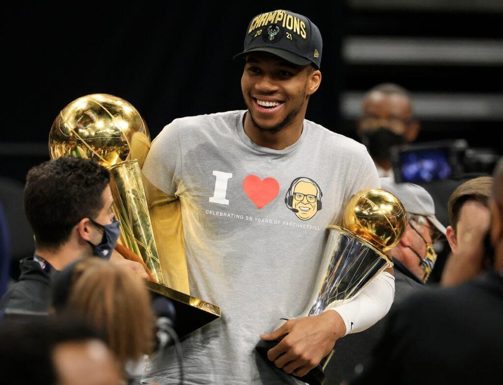 Giannis with TWO trophies Blank Meme Template