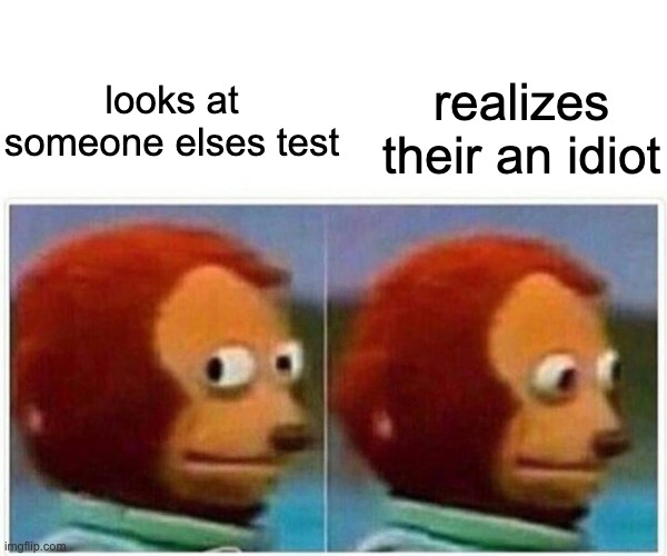 regrets in life |  realizes their an idiot; looks at someone elses test | image tagged in memes,monkey puppet,bruuuuuuuuuuuuuuuh,idiots | made w/ Imgflip meme maker