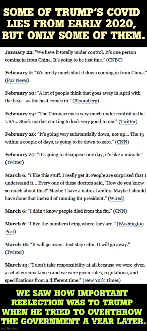 How to politicize a pandemic and blow your reelection anyway. | SOME OF TRUMP'S COVID 
LIES FROM EARLY 2020, 
BUT ONLY SOME OF THEM. WE SAW HOW IMPORTANT 
REELECTION WAS TO TRUMP 
WHEN HE TRIED TO OVERTHROW 
THE GOVERNMENT A YEAR LATER. | image tagged in trump,covid-19,murderer,killer,liar,traitor | made w/ Imgflip meme maker