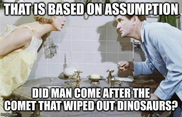 it is really questionable | THAT IS BASED ON ASSUMPTION; DID MAN COME AFTER THE COMET THAT WIPED OUT DINOSAURS? | image tagged in bathroom,evolution,sarcasm,civilization,i'm the dumbest man alive | made w/ Imgflip meme maker