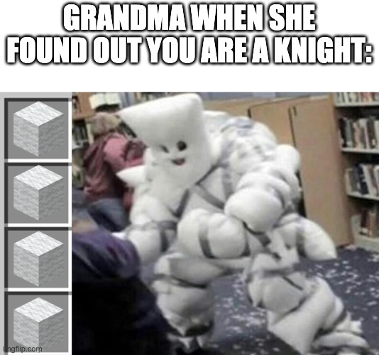 grandma knits | GRANDMA WHEN SHE FOUND OUT YOU ARE A KNIGHT: | image tagged in grandma,knitting,funny,knight,armor | made w/ Imgflip meme maker