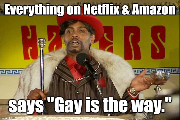 "As I sip my soda, that I'm sure somebody spit in..."" | Everything on Netflix & Amazon says "Gay is the way." | image tagged in as i sip my soda that i'm sure somebody spit in | made w/ Imgflip meme maker