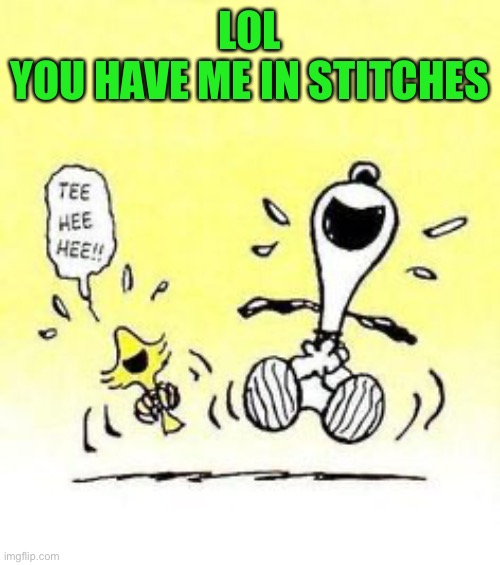 Snoopy and Woodstock laughing | LOL
YOU HAVE ME IN STITCHES | image tagged in snoopy and woodstock laughing | made w/ Imgflip meme maker