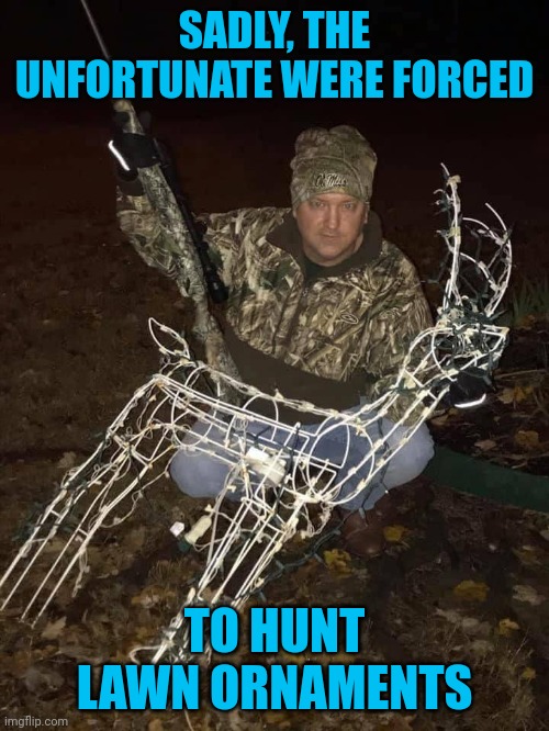 Not much meat | SADLY, THE UNFORTUNATE WERE FORCED; TO HUNT LAWN ORNAMENTS | image tagged in memes,unfortunate hunter | made w/ Imgflip meme maker