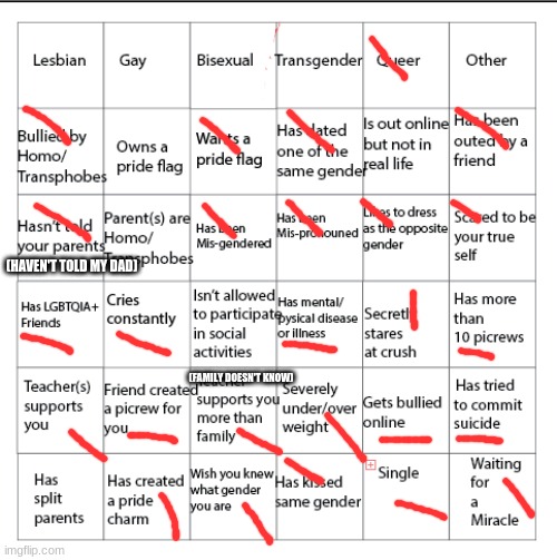 Haven't been on in while, hey! | (HAVEN'T TOLD MY DAD); (FAMILY DOESN'T KNOW) | image tagged in lgbtqia bingo | made w/ Imgflip meme maker