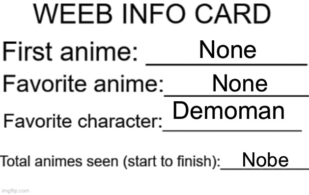 Weeb info card | None; None; Demoman; None | image tagged in weeb info card | made w/ Imgflip meme maker