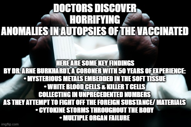 Vaxxed have no hope of survival | HERE ARE SOME KEY FINDINGS BY DR. ARNE BURKHARDT, A CORONER WITH 50 YEARS OF EXPERIENCE:

• MYSTERIOUS METALS EMBEDDED IN THE SOFT TISSUE
• WHITE BLOOD CELLS & KILLER T CELLS COLLECTING IN UNPRECEDENTED NUMBERS AS THEY ATTEMPT TO FIGHT OFF THE FOREIGN SUBSTANCE/ MATERIALS
• CYTOKINE STORMS THROUGHOUT THE BODY
• MULTIPLE ORGAN FAILURE; DOCTORS DISCOVER HORRIFYING ANOMALIES IN AUTOPSIES OF THE VACCINATED | image tagged in vaccine,vaccines,covid,omicron,trump,biden | made w/ Imgflip meme maker