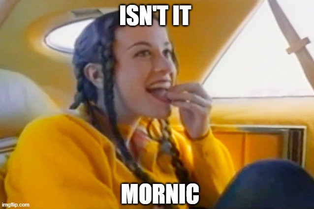 alanis morissette ironic | ISN'T IT; MORNIC | image tagged in alanis morissette ironic | made w/ Imgflip meme maker