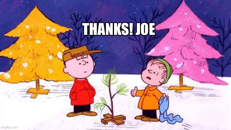 Charlie Brown Christmas Tree | THANKS! JOE | image tagged in charlie brown christmas tree | made w/ Imgflip meme maker