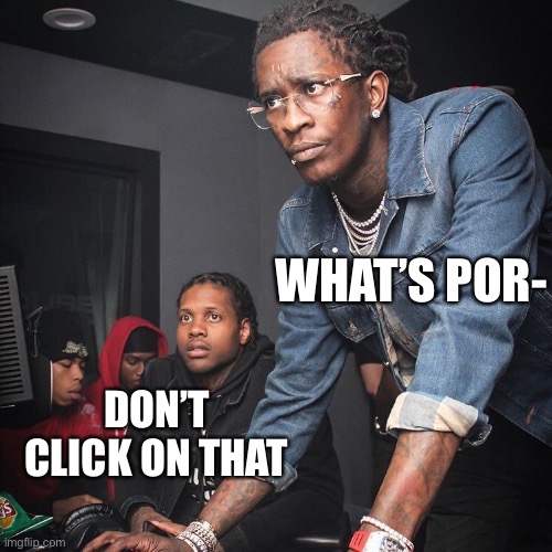 Young Thug and Lil Durk troubleshooting | DON’T CLICK ON THAT WHAT’S POR- | image tagged in young thug and lil durk troubleshooting | made w/ Imgflip meme maker