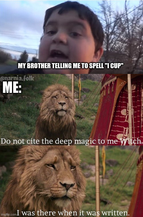 I just came up with this since my little brother tried this to me | MY BROTHER TELLING ME TO SPELL "I CUP"; ME: | image tagged in do not cite the deep magic to me witch,little brother | made w/ Imgflip meme maker