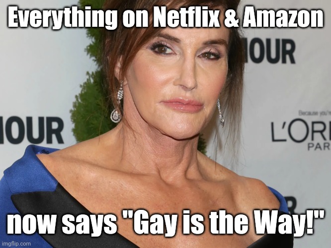 Bruce Jenner, Woman of the Year | Everything on Netflix & Amazon now says "Gay is the Way!" | image tagged in bruce jenner woman of the year | made w/ Imgflip meme maker