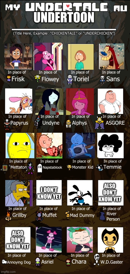 undertoon(Mod Note: Ah yes, Sr Pelo as temmie. it fits, ngl) | UNDERTOON; ALSO DON'T KNOW YET; I DON'T KNOW YET; ALSO DON'T KNOW YET | image tagged in create your own undertale au,memes,cartoon,funny,undertale au | made w/ Imgflip meme maker
