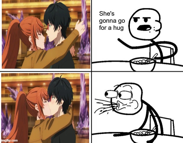 Admit it, you weren't expecting that too | She's gonna go for a hug | image tagged in blank cereal guy,takt op destiny,takt asahina,anna schneider,anime,Animemes | made w/ Imgflip meme maker