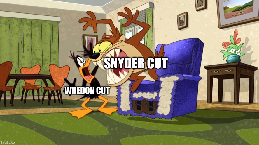 Justice League meme | SNYDER CUT; WHEDON CUT | image tagged in tasmanian devil vs daffy duck,justice league,zack snyder,josstice league,restorethesnyderverse | made w/ Imgflip meme maker