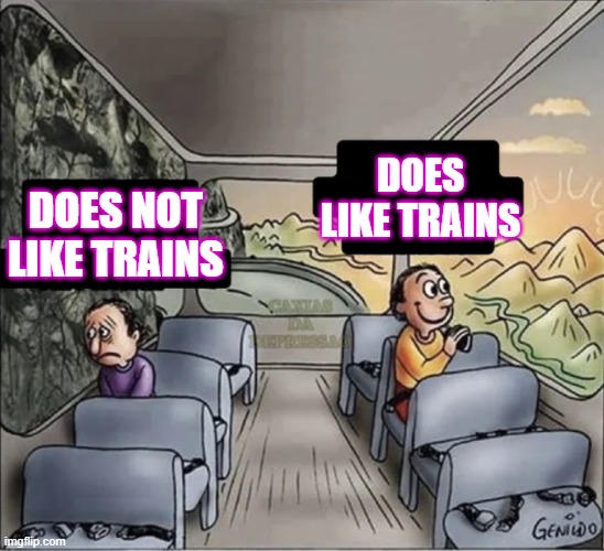 Two guys. One like train other does not like train |  DOES LIKE TRAINS; DOES NOT LIKE TRAINS | image tagged in two guys on a bus | made w/ Imgflip meme maker