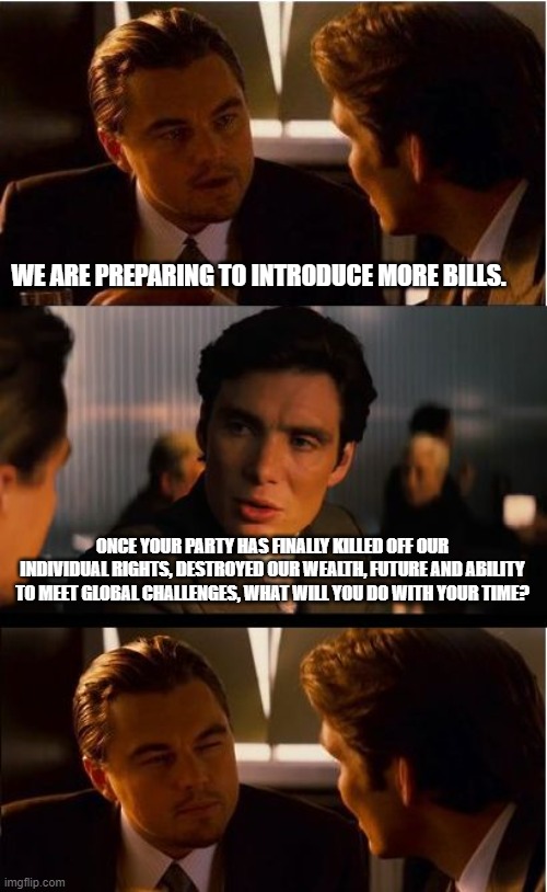 When the elected elite consider politics a game, the people are the real losers. | WE ARE PREPARING TO INTRODUCE MORE BILLS. ONCE YOUR PARTY HAS FINALLY KILLED OFF OUR INDIVIDUAL RIGHTS, DESTROYED OUR WEALTH, FUTURE AND ABILITY TO MEET GLOBAL CHALLENGES, WHAT WILL YOU DO WITH YOUR TIME? | image tagged in memes,inception,to much free time,america in decline,politics kills growth,democrat war on progress | made w/ Imgflip meme maker