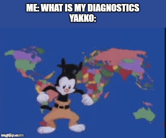 what label you mean labels! | ME: WHAT IS MY DIAGNOSTICS
YAKKO: | image tagged in yakko's nations of the world | made w/ Imgflip meme maker
