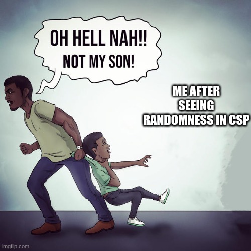 Oh Hell Naw! Not my son! | ME AFTER SEEING RANDOMNESS IN CSP | image tagged in oh hell naw not my son | made w/ Imgflip meme maker