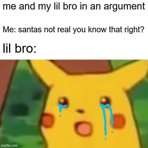 lil bro: IMMA TELL MOM!!... | me and my lil bro in an argument; Me: santas not real you know that right? lil bro: | image tagged in memes,surprised pikachu | made w/ Imgflip meme maker