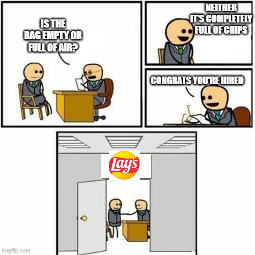 You're hired | NEITHER IT'S COMPLETELY FULL OF CHIPS; IS THE BAG EMPTY OR FULL OF AIR? CONGRATS YOU'RE HIRED | image tagged in you're hired,memes,funny memes,funny | made w/ Imgflip meme maker