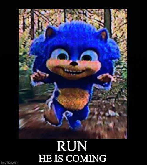 wtf | RUN; HE IS COMING | image tagged in black background,sonic movie | made w/ Imgflip meme maker