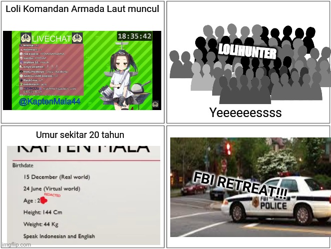 Loli Legal Kapten Mala | Loli Komandan Armada Laut muncul; LOLIHUNTER; Yeeeeeessss; Umur sekitar 20 tahun; FBI RETREAT!!! | image tagged in memes,blank comic panel 2x2 | made w/ Imgflip meme maker