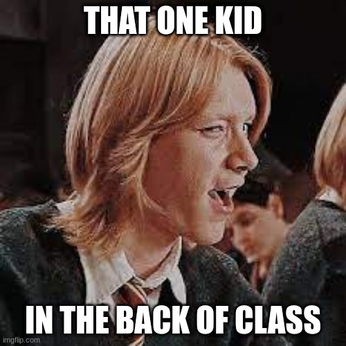 Fred weasley | THAT ONE KID; IN THE BACK OF CLASS | image tagged in fred weasley,harry potter | made w/ Imgflip meme maker