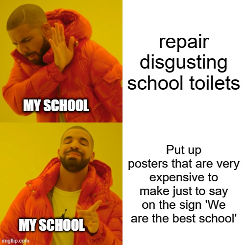 True Facts Of My Strange Life |  repair disgusting school toilets; MY SCHOOL; Put up posters that are very expensive to make just to say on the sign 'We are the best school'; MY SCHOOL | image tagged in memes,drake hotline bling | made w/ Imgflip meme maker