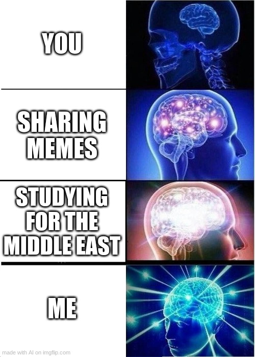 It made this the same day as my middle east test at school | YOU; SHARING MEMES; STUDYING FOR THE MIDDLE EAST; ME | image tagged in memes,expanding brain | made w/ Imgflip meme maker