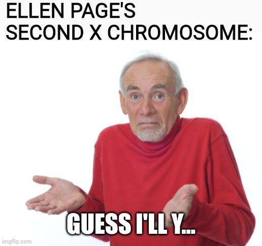 y not | ELLEN PAGE'S SECOND X CHROMOSOME: GUESS I'LL Y... | image tagged in guess i'll die,transgender,2 genders,gender confusion | made w/ Imgflip meme maker