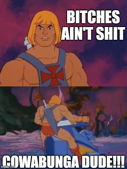 bitches aint... | BITCHES AIN'T SHIT; COWABUNGA DUDE!!! | image tagged in he-man,comics/cartoons,1980s,advice,funny memes,life lessons | made w/ Imgflip meme maker