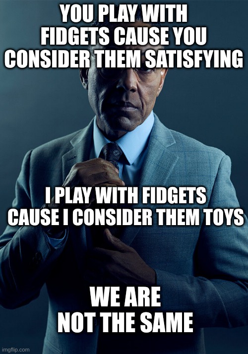 Gus Fring we are not the same | YOU PLAY WITH FIDGETS CAUSE YOU CONSIDER THEM SATISFYING; I PLAY WITH FIDGETS CAUSE I CONSIDER THEM TOYS; WE ARE NOT THE SAME | image tagged in gus fring we are not the same | made w/ Imgflip meme maker
