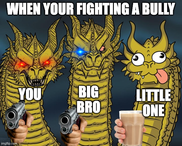 Three-headed Dragon | WHEN YOUR FIGHTING A BULLY; BIG BRO; YOU; LITTLE ONE | image tagged in three-headed dragon | made w/ Imgflip meme maker