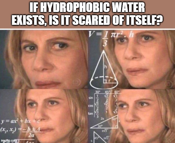 the only thing to fear is ourself | IF HYDROPHOBIC WATER EXISTS, IS IT SCARED OF ITSELF? | image tagged in math lady/confused lady | made w/ Imgflip meme maker