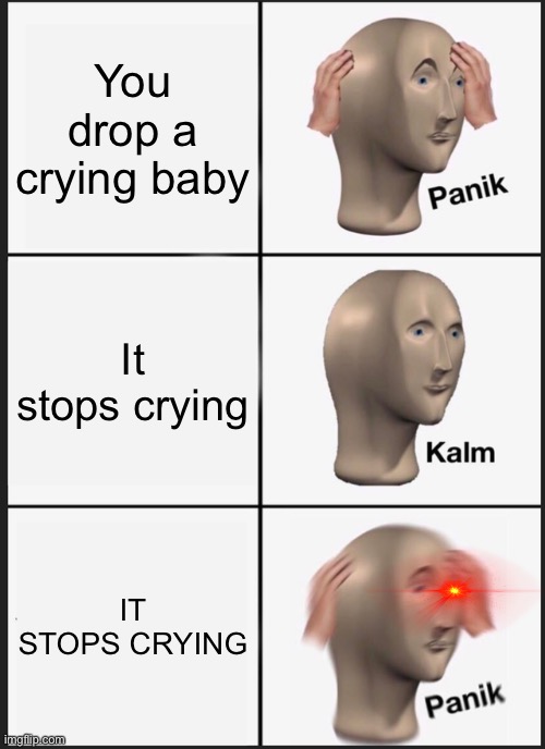 It stops crying | You drop a crying baby; It stops crying; IT STOPS CRYING | image tagged in memes,panik kalm panik | made w/ Imgflip meme maker