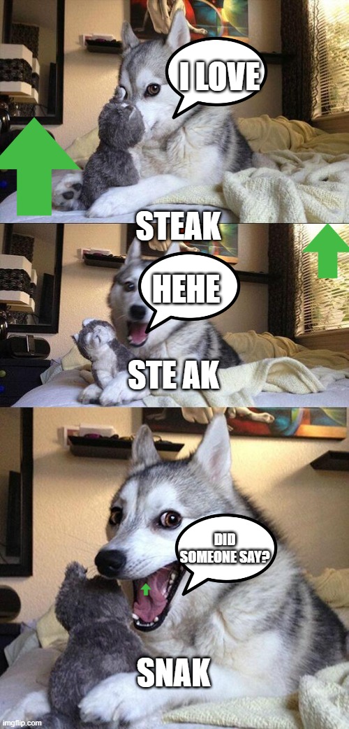 what the dog doin? | I LOVE; STEAK; HEHE; STE AK; DID SOMEONE SAY? SNAK | image tagged in memes,bad pun dog,what year is it | made w/ Imgflip meme maker