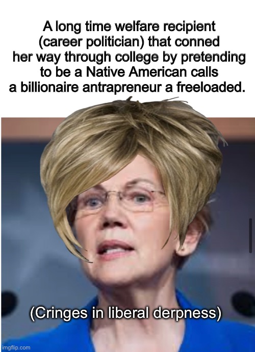 Ok Karen. | A long time welfare recipient (career politician) that conned her way through college by pretending to be a Native American calls a billionaire antrapreneur a freeloaded. (Cringes in liberal derpness) | image tagged in politics lol,memes,elizabeth warren,derp,stupid people,liberal logic | made w/ Imgflip meme maker