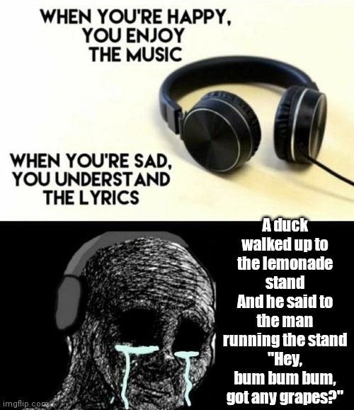 When you’re happy you enjoy the music | A duck walked up to the lemonade stand
And he said to the man running the stand
"Hey, bum bum bum, got any grapes?" | image tagged in when you re happy you enjoy the music,the duck song,memes,dank memes,funny memes,funny | made w/ Imgflip meme maker