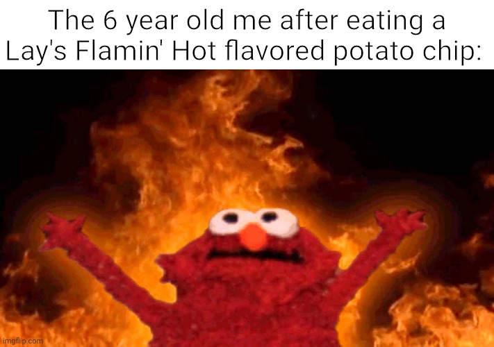 Lay's Flamin' Hot flavored potato chip | The 6 year old me after eating a Lay's Flamin' Hot flavored potato chip: | image tagged in elmo fire,blank white template,funny,memes,lays,potato chips | made w/ Imgflip meme maker