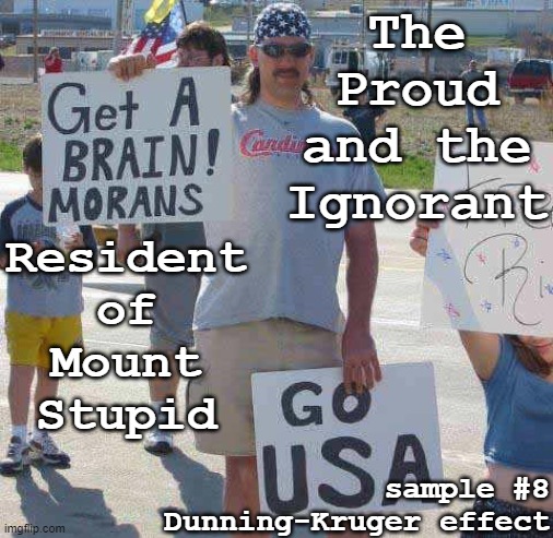 Proud and Ignorant - Resident Mount Stupid - Dunning Kruger effect |  The Proud and the Ignorant; Resident of Mount Stupid; sample #8
Dunning-Kruger effect | image tagged in psychology,dunning-kruger effect,moran,ignorant,mount stupid,funny | made w/ Imgflip meme maker